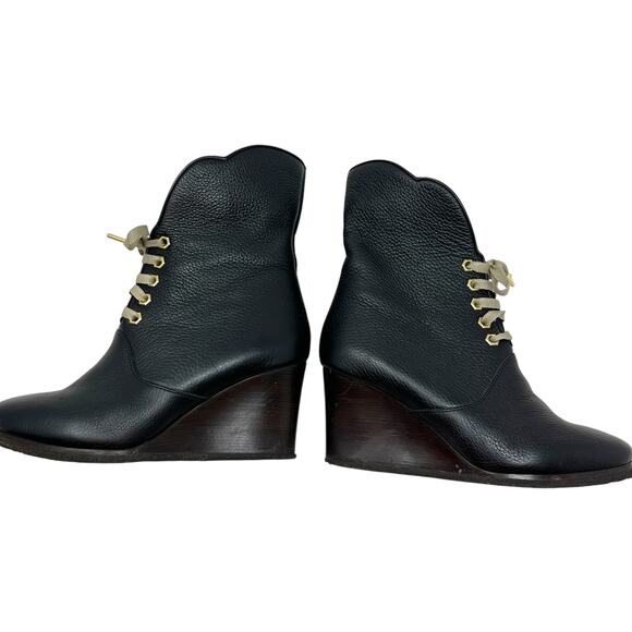 Chloe Kole Wedge Booties Boots Leather Lace-Up Black Size 36.5 US 6.5 - Picture 3 of 16